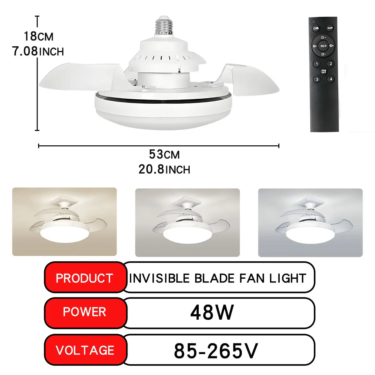 LED 30W ceiling fan light E27 with remote control for dimming, suitable for living room, study, household use, 110-265V