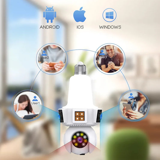 Three Lens Triple Screen 6MP Wireless Wifi Light Bulb Camera V380Pro 360°  PTZ Bulb Camera Home Security CCTV Baby Monitor