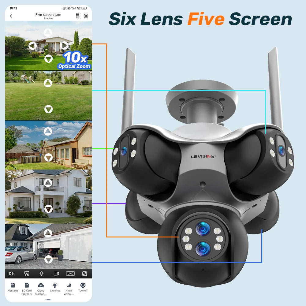 LS VISION 30MP 5 Screens Outdoor WiFi Camera 10X Optical Zoom 5 PTZ Security IP Cam Human Auto Tracking Surveillance CCTV Camera