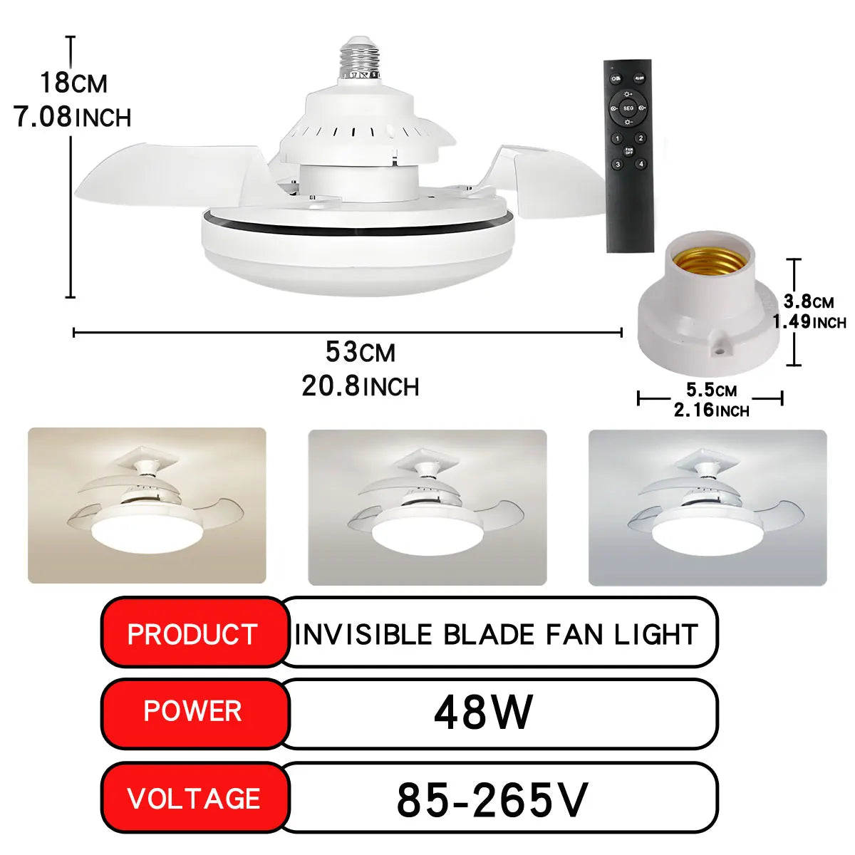 LED 30W ceiling fan light E27 with remote control for dimming, suitable for living room, study, household use, 110-265V