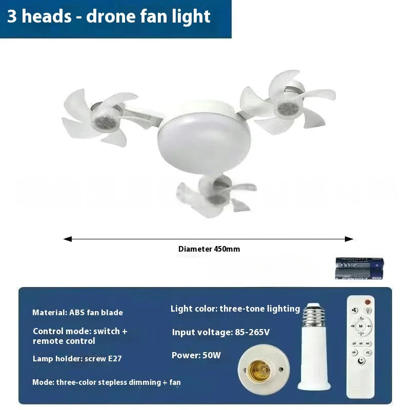 LED Smart Silent Fan Light with E27 Screw Creative 3/4/5 Head Remote-Controlled 3-Speed Adjustable for Home Living Room Bedroom