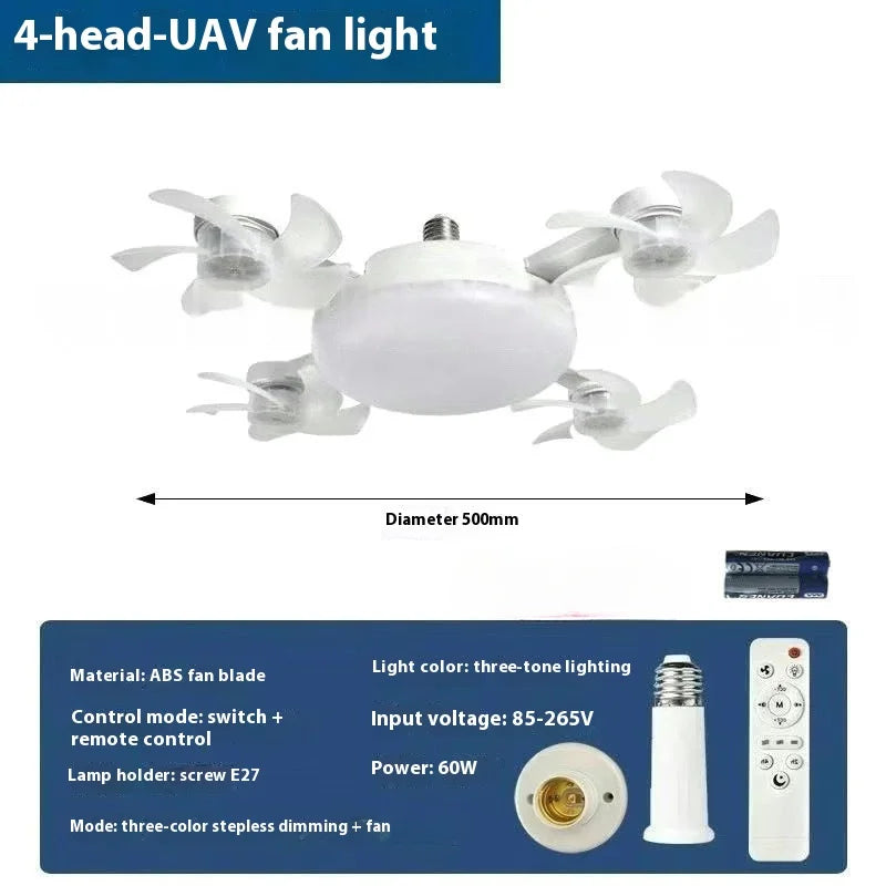 LED Smart Silent Fan Light with E27 Screw Creative 3/4/5 Head Remote-Controlled 3-Speed Adjustable for Home Living Room Bedroom