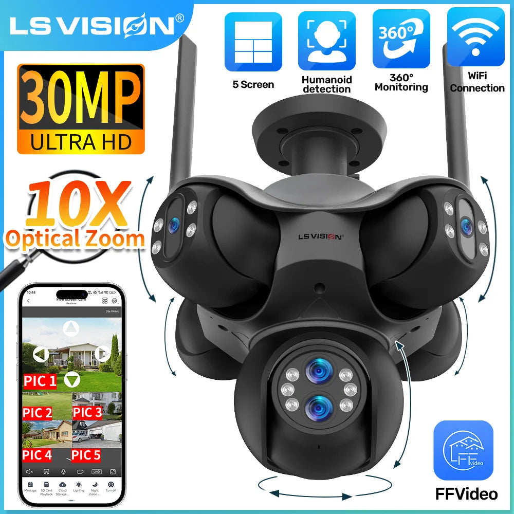 LS VISION 30MP 5 Screens Outdoor WiFi Camera 10X Optical Zoom 5 PTZ Security IP Cam Human Auto Tracking Surveillance CCTV Camera
