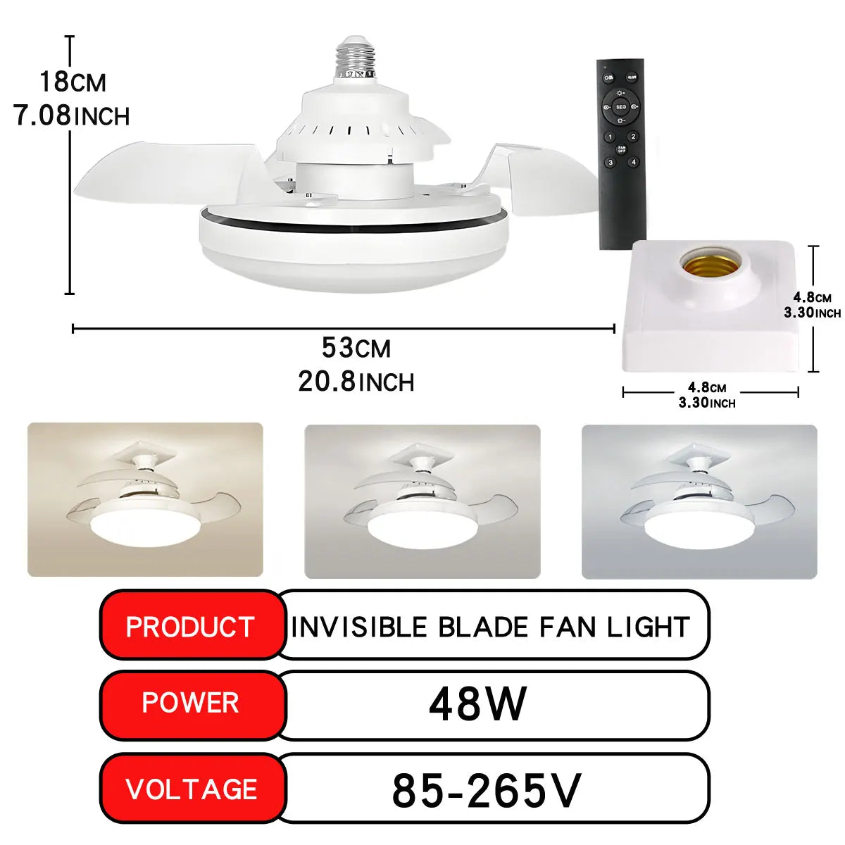 LED 30W ceiling fan light E27 with remote control for dimming, suitable for living room, study, household use, 110-265V