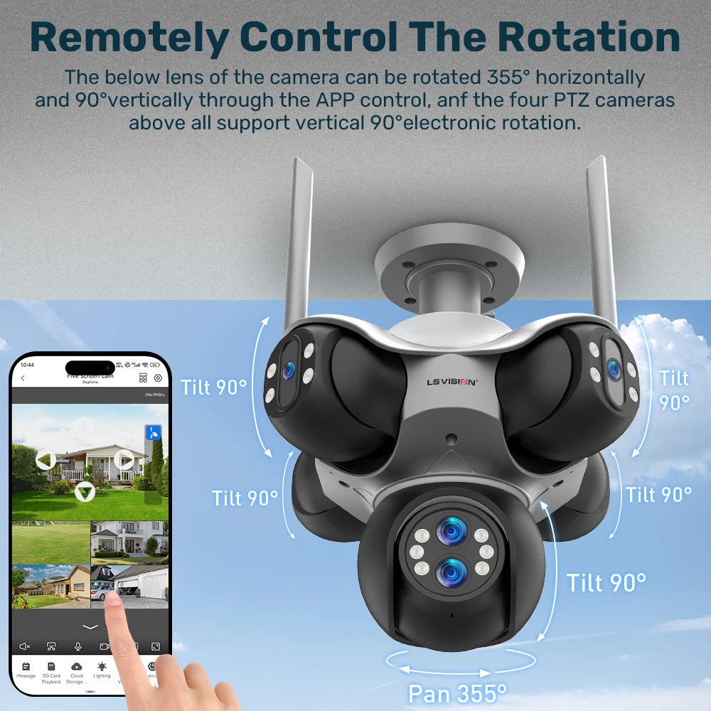 LS VISION 30MP 5 Screens Outdoor WiFi Camera 10X Optical Zoom 5 PTZ Security IP Cam Human Auto Tracking Surveillance CCTV Camera