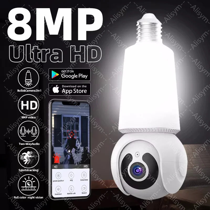 Experience Ultimate Security with the 8MP E27 Bulb Camera: WiFi Surveillance, AI Tracking, Two-Way Audio, and Night Vision - 10X Zoom Wireless Cam 2-in-1