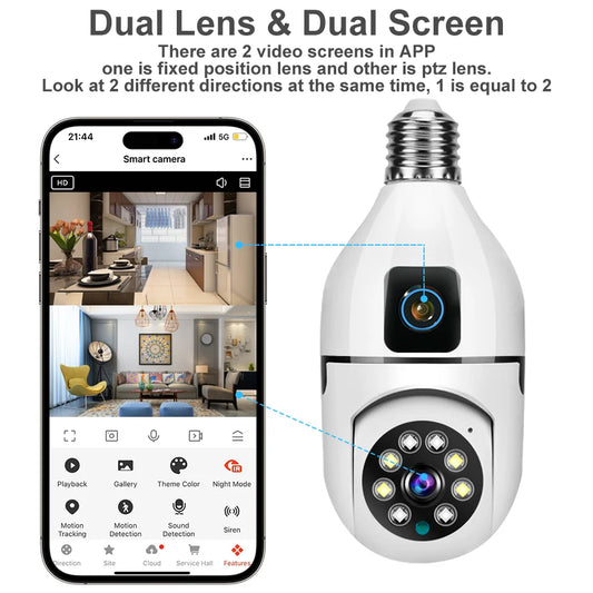 5MP CCTV PTZ WiFi Dual Lens Screen Bulb Camera Tuya Smart Life Security Video Surveillance Camera Ai Human Auto Tracking