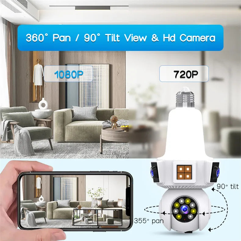 Three Lens Triple Screen 6MP Wireless Wifi Light Bulb Camera V380Pro 360°  PTZ Bulb Camera Home Security CCTV Baby Monitor