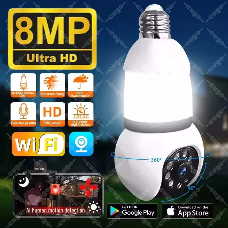 Advanced 8MP E27 Bulb Wireless Camera with Two-Way Audio and Smart Tracking for Ultimate Home Security