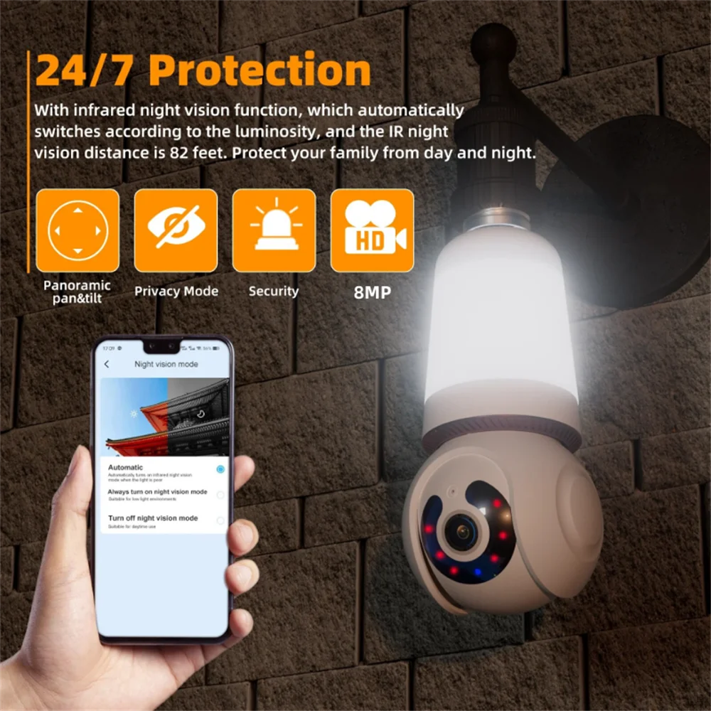 Experience Ultimate Security with the 8MP E27 Bulb Camera: WiFi Surveillance, AI Tracking, Two-Way Audio, and Night Vision - 10X Zoom Wireless Cam 2-in-1