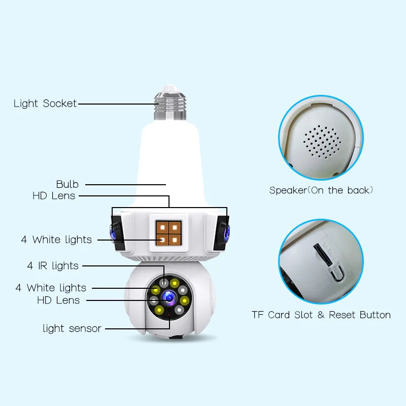 Three Lens Triple Screen 6MP Wireless Wifi Light Bulb Camera V380Pro 360°  PTZ Bulb Camera Home Security CCTV Baby Monitor