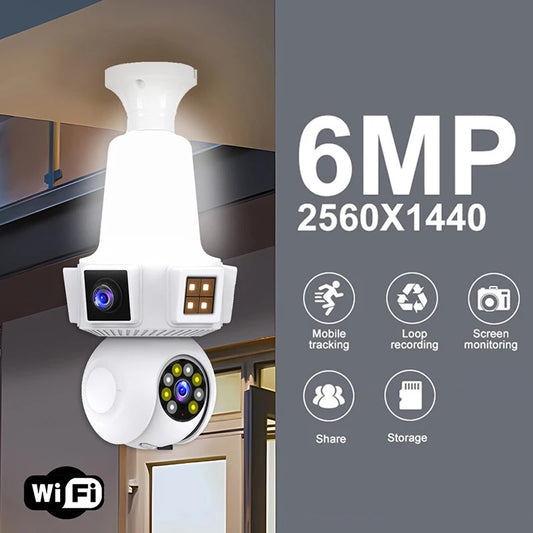 Three Lens Triple Screen 6MP Wireless Wifi Light Bulb Camera V380Pro 360°  PTZ Bulb Camera Home Security CCTV Baby Monitor
