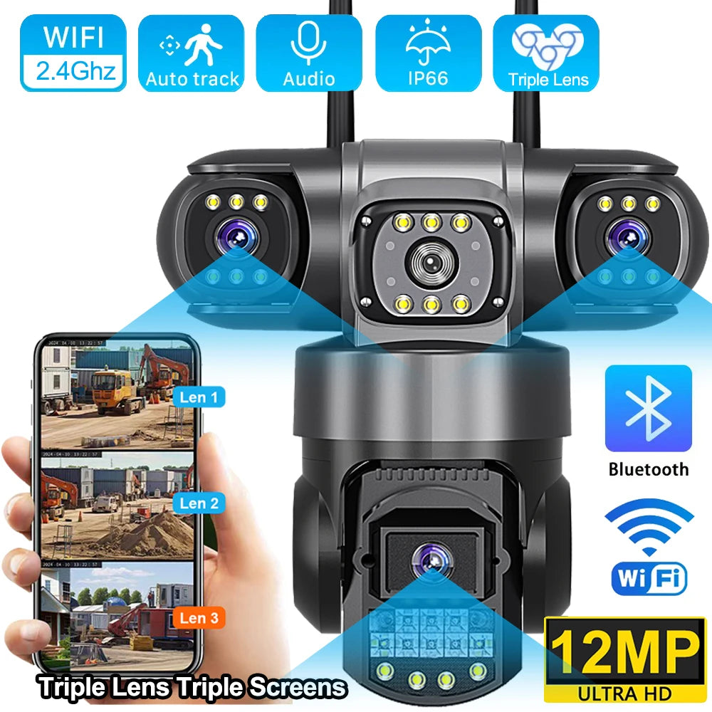 Pro WiFi IP Camera Outdoor 12MP 6K Triple Lenses Triple Screens Security Video Monitor Night Vision Waterproof CCTV Cameras
