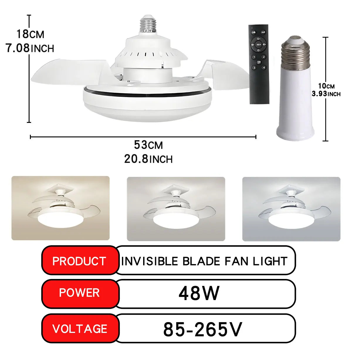 LED 30W ceiling fan light E27 with remote control for dimming, suitable for living room, study, household use, 110-265V