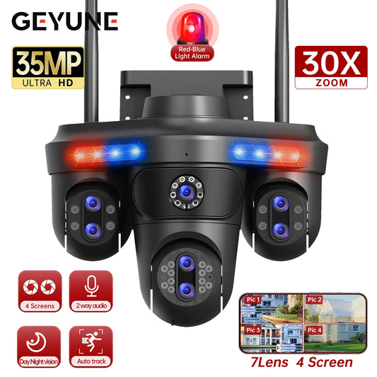 GEYUNE 35MP WiFi IP Camera 4 Screens 7 Lens 10X Zoom Outdoor Wireless PTZ Security Cam Auto Tracking CCTV Surveillance Camera