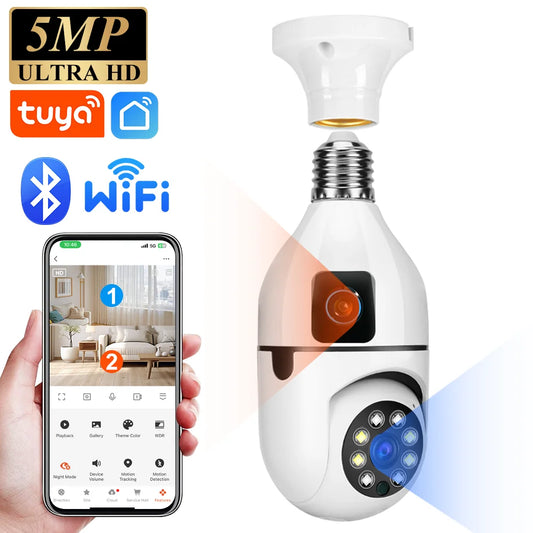 5MP CCTV PTZ WiFi Dual Lens Screen Bulb Camera Tuya Smart Life Security Video Surveillance Camera Ai Human Auto Tracking