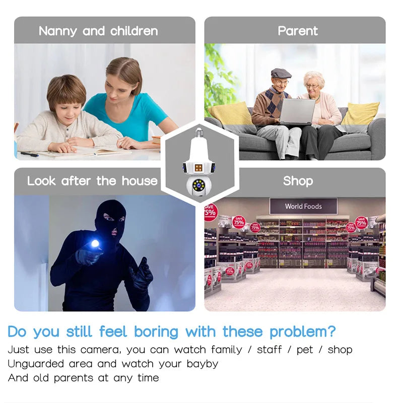 Three Lens Triple Screen 6MP Wireless Wifi Light Bulb Camera V380Pro 360°  PTZ Bulb Camera Home Security CCTV Baby Monitor
